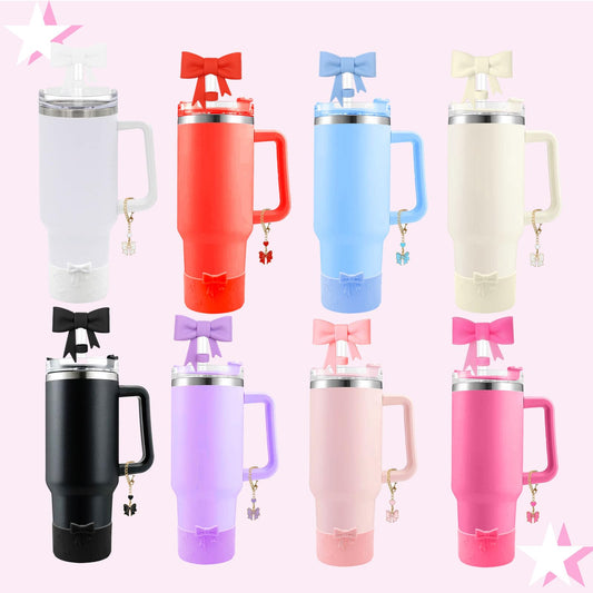Hpebl Cup Accessories Set for Stanley,Including 2Pcs Cute Bow Straw Cover Caps 10mm Reusable Straw Toppers,1Pcs Silicone Boot Sleeve and 1Pcs Handle Charm for Stanley Tumbler 30&40oz,Pink