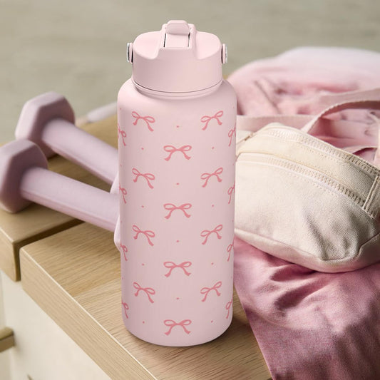 Pink Bow Water Bottle Stainless Steel Insulated Vacuum 32oz with Lid, Gifts for Women Girls Teens Birthday Christmas
