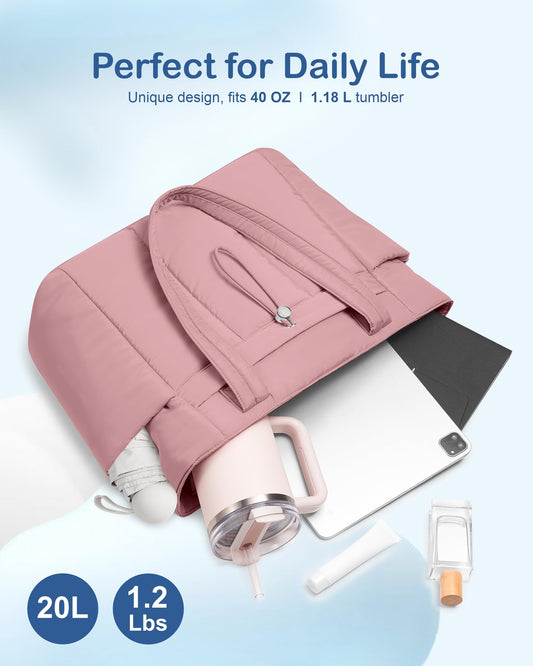 TOPDesign Puffy Tote Bag for Women with Cup Holder & Laptop Compartment & Cosmetic Bag & Trolley Sleeve for Work, Travel (M Dark Pink)