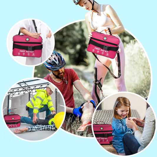 Professional 435 Pieces Large First Aid Kit - Includes Compressed Gauze - Compartments Emergency Medical Kit for Home, Camping, Backpacking, Travel, Boat, Car,Outdoors(Pink)