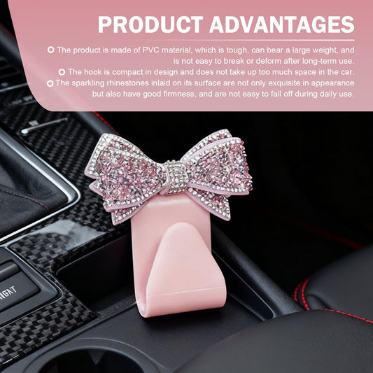 Teybouk 2 PCS Bling Bow Purse Hook for Car, Cute Seat Headrest Hooks, Automotive Interior Decoration Accessories, Universal for Most Cars, Trucks, SUVs (Pink)