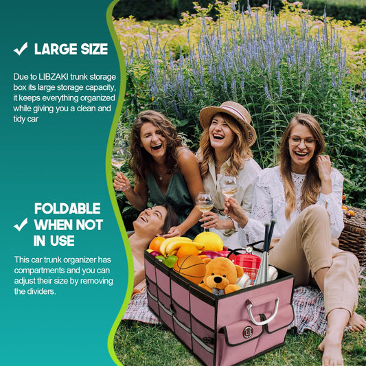 LI LIBZAKI Car Trunk Organizer, Cargo Organizer SUV Trunk Storage Non Slip Bottom Waterproof Collapsible Durable Multi Compartments-(Standard,Pink)