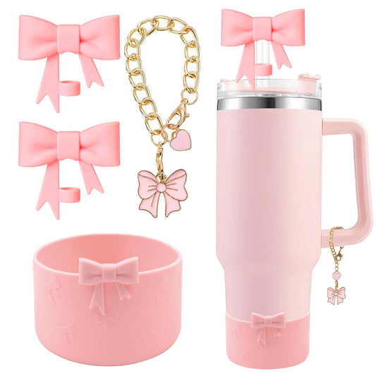 Hpebl Cup Accessories Set for Stanley,Including 2Pcs Cute Bow Straw Cover Caps 10mm Reusable Straw Toppers,1Pcs Silicone Boot Sleeve and 1Pcs Handle Charm for Stanley Tumbler 30&40oz,Pink