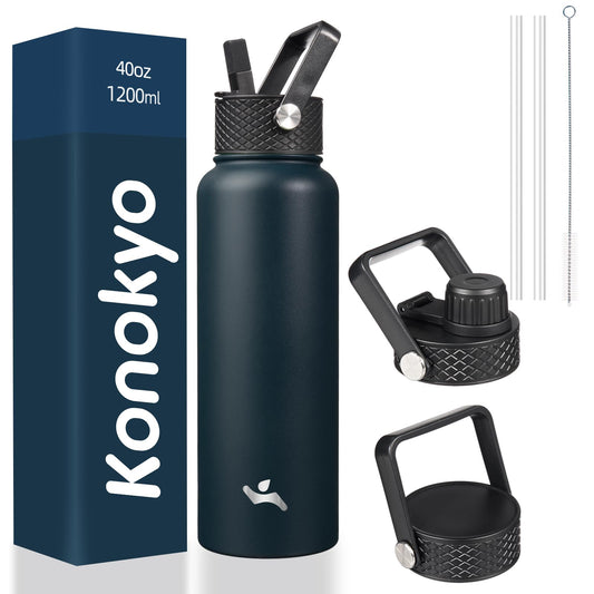 Konokyo 40oz Insulated Water Bottle Stainless Steel Sport Bottles with 3 Lids,Navy Blue