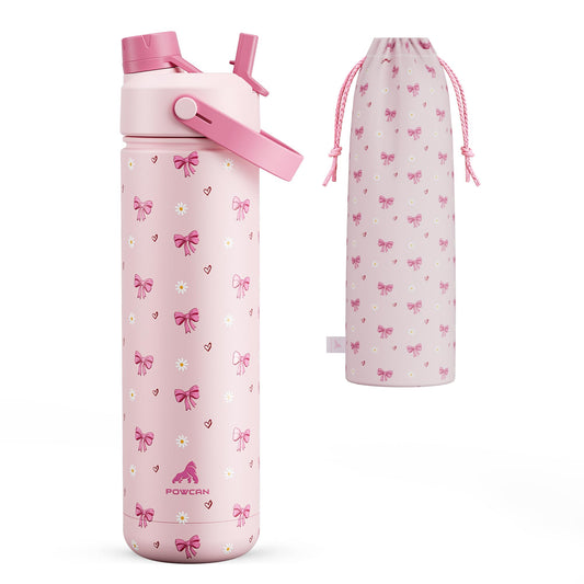 POWCAN 26 oz Insulated Water Bottle with 2-in-1 Straw and Spout Lid, Keep Cold 24H, Leak-Proof, Fits in Car Cup Holder, Stainless Steel Water Bottle for Sports, Travel, Gift, and School (Bow Crush)
