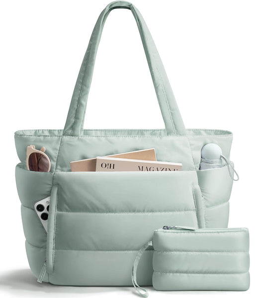 Bagstellar Puffer Tote Bag for Women, Lightweight Puffy Work Handbag Teacher Nurse Quilted Shoulder Bag for School Travel Gym
