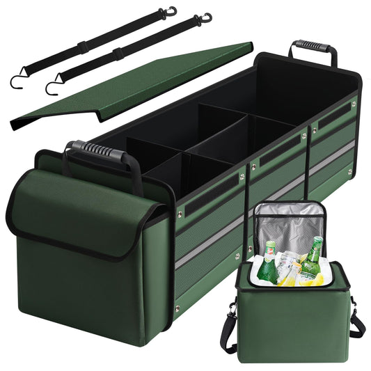 Snuopfy Car Trunk Organizer,115L Heavy Duty Collapsible Trunk Storage, with Insulated Leakproof Cooler Bag Vehicle Cargo Organizer with Lid, 3 Compartments, Straps For Car,Suv,Jeep,Sedan-Green