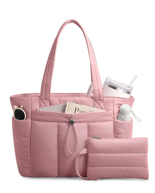 TOPDesign Puffy Tote Bag for Women with Cup Holder & Laptop Compartment & Cosmetic Bag & Trolley Sleeve for Work, Travel (M Dark Pink)