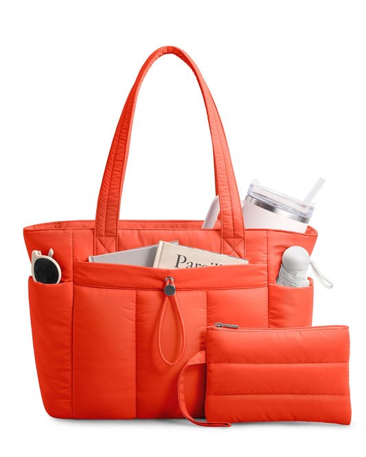 TOPDesign Puffy Tote Bag for Women with Cup Holder & Laptop Compartment & Cosmetic Bag & Trolley Sleeve for Work, Travel (M Red Orange)