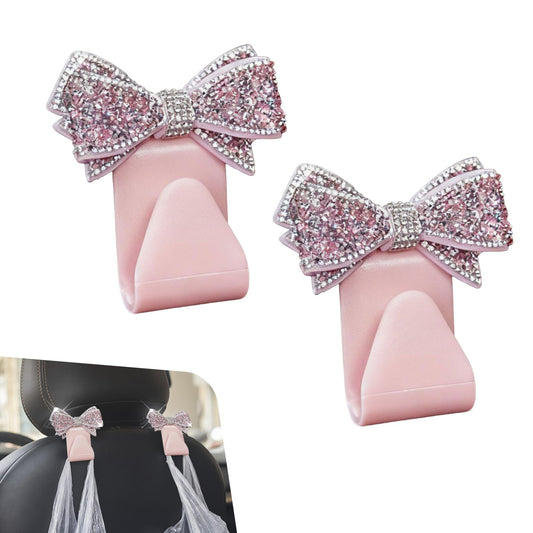 Teybouk 2 PCS Bling Bow Purse Hook for Car, Cute Seat Headrest Hooks, Automotive Interior Decoration Accessories, Universal for Most Cars, Trucks, SUVs (Pink)