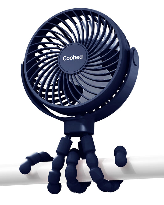 Coohea Stroller Fan Clip on for Baby, 4000mAh Rechargeable Battery Operated, Flexible Tripod, 3 Wind Speed, 360° Rotatable, Small Cooling Portable Fan for Car Seat Crib Golf Cart, Navy Blue