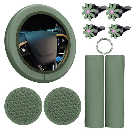 Frienda 10 Pcs Leather Steering Wheel Cover Set for Women 14.5-15 Inch Car Accessories with Seat Belt Shoulder Pad Seatbelt Cover Cup Holder Start Button Ring Sticker Air Vent Clip(Sage Green)