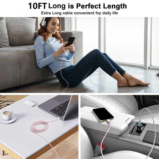 [Apple MFi Certified] iPhone 17 16 15 Charger Cord 10 FT, 2 Pack 60W USB C to USB C Charging Cable Cord Long for iPhone 17/17 Pro/17 Pro Max/Air/16/16 Pro/16 Pro Max/15/15 Pro Max, iPad Pro, Pink
