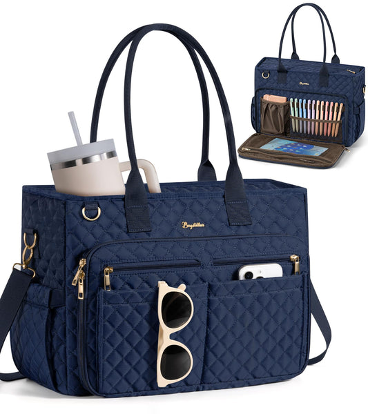 Teacher Tote Bags for Women, 15.6 inch Laptop Work Tote Nurse Bible Bag With Large Cup Holder & Insulated Pocket Quilted Shoulder Handbag Laptop Briefcase for Work, Daily, School, Travel, Gifts